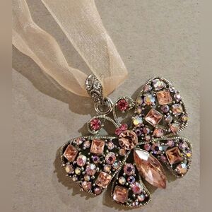 #Vintage Pink Rhinestone Butterfly Pendant Filigree Bail On Pink Ribbon Necklace